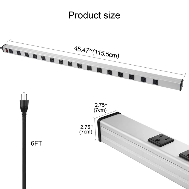 Alt view image 2 of 7 - Long Heavy Duty Metal Power Strip, 16 Outlet Large Industrial Multi Wide Strip for Garage Workshop, Extension Cord with Multiple Outlets, 15A, 125V, 1875W. 6 FT, Sliver