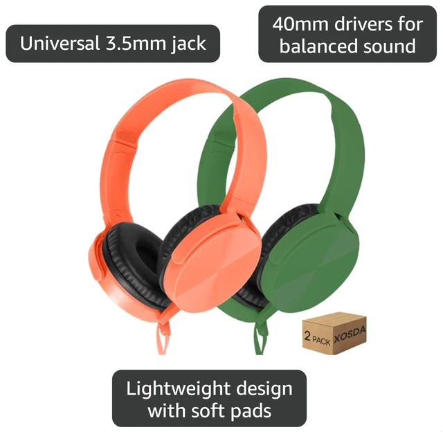 Alt view image 3 of 7 - 2 Pack Kids Headphones for School Classroom Students, Wired Headphones Durable Class Set Earphones for Children Toddler Teens Boys Girls and Adult (LS450, Green+Orange)
