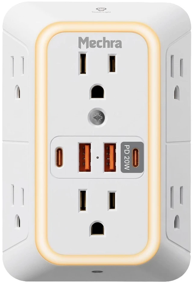 Main image of 10-in-1 Wall Outlet Extender with 20W PD Fast Charging, Multi Plug Surge Protector (1050J) with Night Light, 6 Wide Spaced AC Outlets, 4 USB Ports, Wall Charger for Home Office Travel