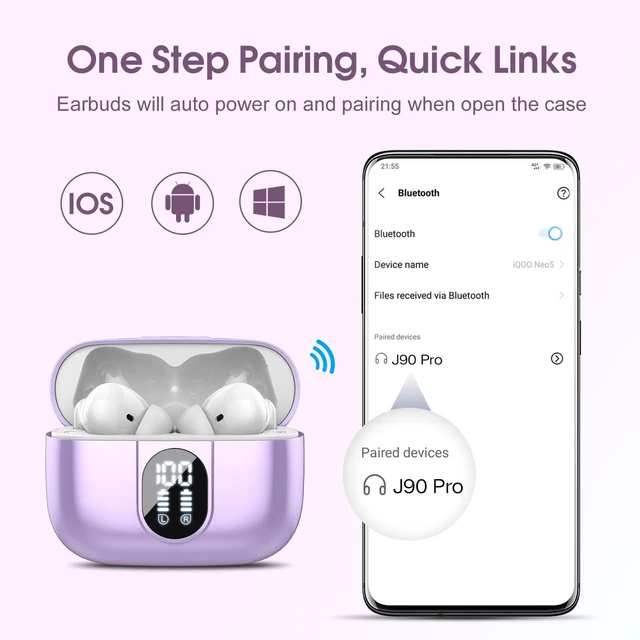 Alt view image 6 of 7 - 2025 Bluetooth 5.3 Headphones Wireless Earbuds HiFi Stereo, 40H Playtime in-Ear Earbud, Bluetooth Earbuds with LED Power Display, IP7 Waterproof Wireless Earphones Sport Headset for Android iOS
