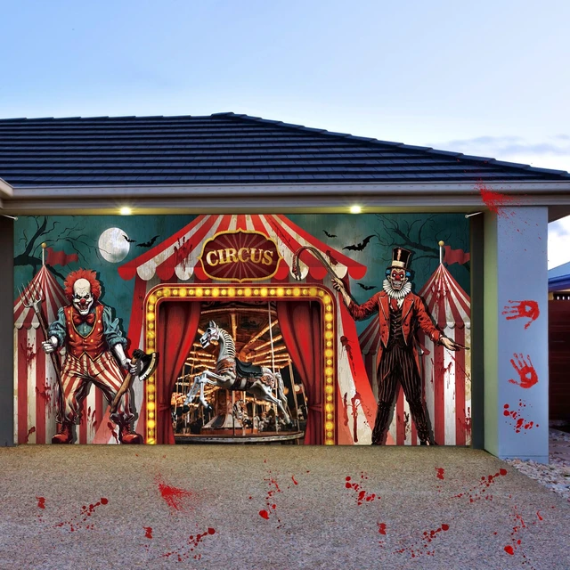 Alt view image 5 of 7 - 6 X 13 ft Halloween Garage Door Cover Circus Clown Banner Evil Circus Backdrop for Photography, Waterproof Outdoor Garage Decoration, Horror Clown Tent Design, Party Background