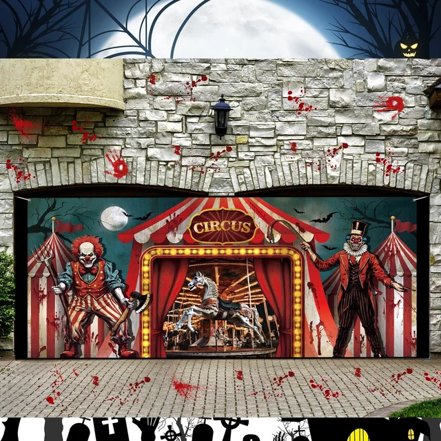 Alt view image 4 of 7 - 6 X 13 ft Halloween Garage Door Cover Circus Clown Banner Evil Circus Backdrop for Photography, Waterproof Outdoor Garage Decoration, Horror Clown Tent Design, Party Background