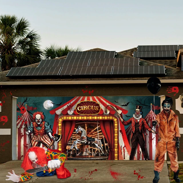 Alt view image 7 of 7 - 6 X 13 ft Halloween Garage Door Cover Circus Clown Banner Evil Circus Backdrop for Photography, Waterproof Outdoor Garage Decoration, Horror Clown Tent Design, Party Background