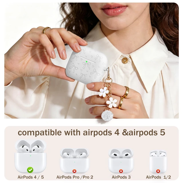 Alt view image 2 of 7 - for Airpods 5 Case & Airpods 4 Cute Case Cover with Cleaner Kit Engraved Soft Silicone Protective Case for AirPods 4 & AirPods 5 with Flower Charm Keychain, Carabiner for Girly Women Men