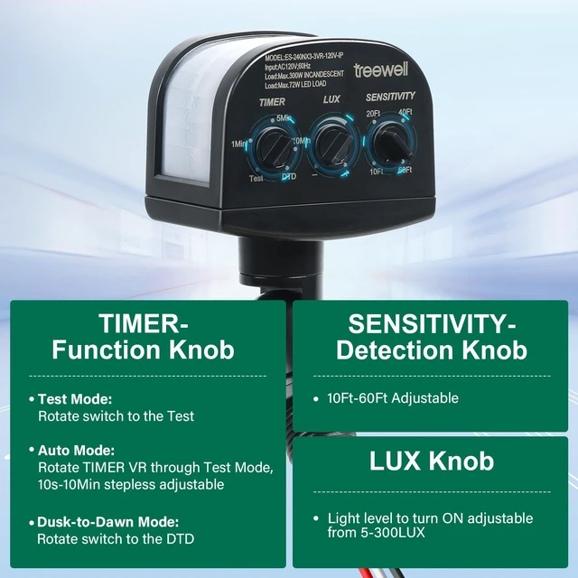 Alt view image 3 of 7 - 2 Pack 240-Degree Replacement Motion Sensor, Adjustable LUX(5-300) & Time & Detection Sensitivity Up to 60 Feet Range, 3 Working Modes Outdoor Motion Detector for Security Floodlight, Black