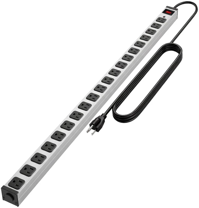 Main image of Long Metal 20 Outlet Wide Spaced Garage Industrial Heavy Duty 15 Ft Extension Cord Power Strip 15A, 125V, 1875W Silver&Black