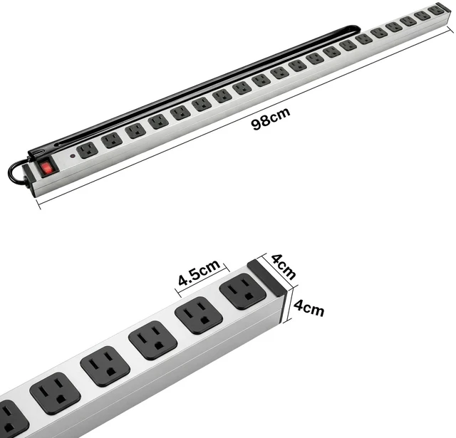 Alt view image 2 of 7 - Long Metal 20 Outlet Wide Spaced Garage Industrial Heavy Duty 15 Ft Extension Cord Power Strip 15A, 125V, 1875W Silver&Black