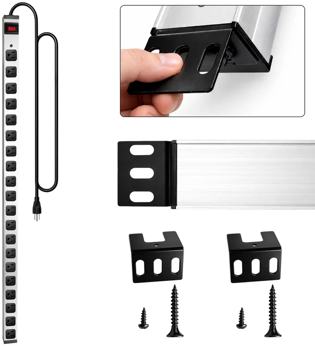 Alt view image 4 of 7 - Long Metal 20 Outlet Wide Spaced Garage Industrial Heavy Duty 15 Ft Extension Cord Power Strip 15A, 125V, 1875W Silver&Black