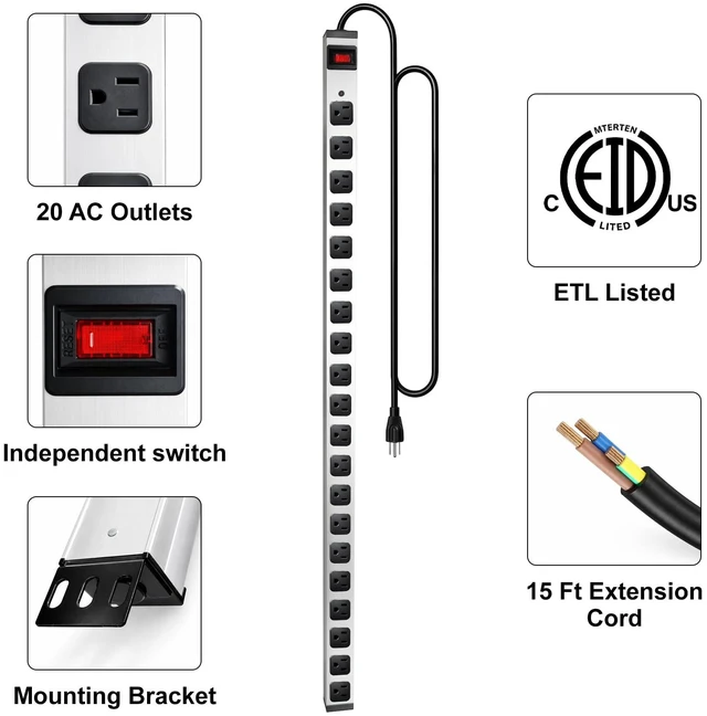 Alt view image 3 of 7 - Long Metal 20 Outlet Wide Spaced Garage Industrial Heavy Duty 15 Ft Extension Cord Power Strip 15A, 125V, 1875W Silver&Black