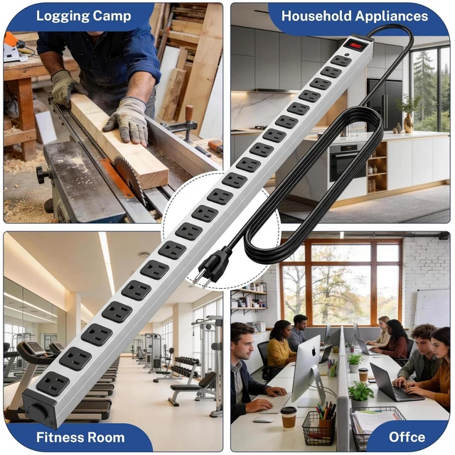 Alt view image 7 of 7 - Long Metal 20 Outlet Wide Spaced Garage Industrial Heavy Duty 15 Ft Extension Cord Power Strip 15A, 125V, 1875W Silver&Black