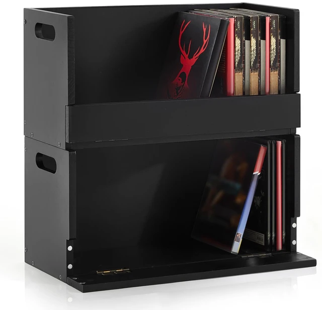 Main image of 2 Pack Wooden DVD Storage Shelf,Holds 52 DVDs 26 Each, Black Solid Wood Media Organizer with Magnetic Front Flap Carry Handles for DVDs, CDs, Discs, Movie Cases and Cassette Tape