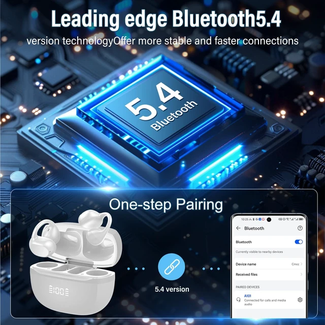 Alt view image 2 of 7 - Open Ear Earbuds,Wireless Earbuds Bluetooth 5.4 Ergonomic Clip-On Ear Buds, Bone Conduction Over The Ear Headphones 48H Playtime, Perfect Running Headphones for Sports IPX7 Waterproof