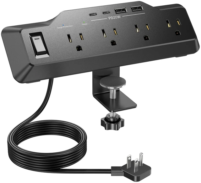 Main image of Desk Clamp Power Strip Surge Protector with 4 Outlets,8-in-1 2 USB-C,2 USB-A Ports,20W Fast Charging,1800J Surge Protection,6 FT Flat Plug Cord,Fits Desks Up to 1.96 Inches, Black