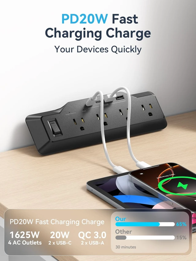 Alt view image 3 of 7 - Desk Clamp Power Strip Surge Protector with 4 Outlets,8-in-1 2 USB-C,2 USB-A Ports,20W Fast Charging,1800J Surge Protection,6 FT Flat Plug Cord,Fits Desks Up to 1.96 Inches, Black