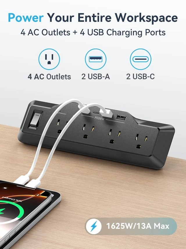 Alt view image 2 of 7 - Desk Clamp Power Strip Surge Protector with 4 Outlets,8-in-1 2 USB-C,2 USB-A Ports,20W Fast Charging,1800J Surge Protection,6 FT Flat Plug Cord,Fits Desks Up to 1.96 Inches, Black