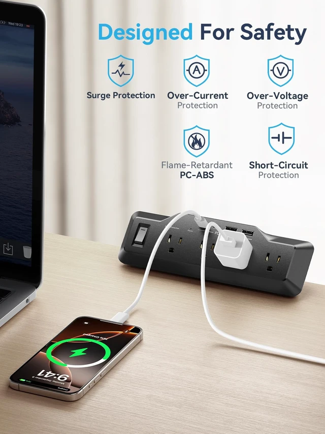 Alt view image 7 of 7 - Desk Clamp Power Strip Surge Protector with 4 Outlets,8-in-1 2 USB-C,2 USB-A Ports,20W Fast Charging,1800J Surge Protection,6 FT Flat Plug Cord,Fits Desks Up to 1.96 Inches, Black