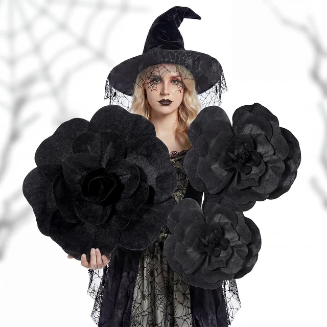Main image of 3 Pcs Giant Black Artificial Flowers Roses Velvet, 12, 16, 20 Inch For Halloween Wedding Gothic Decor, Anniversary Birthday Centerpieces, Bulk Dark Theme Party Home Decoration Supplies