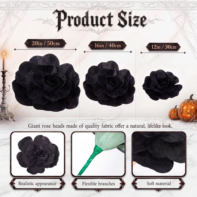 Alt view image 2 of 7 - 3 Pcs Giant Black Artificial Flowers Roses Velvet, 12, 16, 20 Inch For Halloween Wedding Gothic Decor, Anniversary Birthday Centerpieces, Bulk Dark Theme Party Home Decoration Supplies