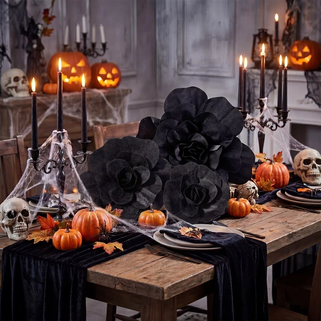 Alt view image 3 of 7 - 3 Pcs Giant Black Artificial Flowers Roses Velvet, 12, 16, 20 Inch For Halloween Wedding Gothic Decor, Anniversary Birthday Centerpieces, Bulk Dark Theme Party Home Decoration Supplies