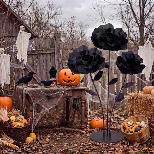Alt view image 4 of 7 - 3 Pcs Giant Black Artificial Flowers Roses Velvet, 12, 16, 20 Inch For Halloween Wedding Gothic Decor, Anniversary Birthday Centerpieces, Bulk Dark Theme Party Home Decoration Supplies