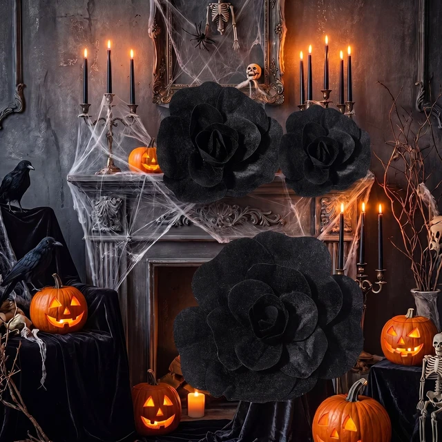 Alt view image 5 of 7 - 3 Pcs Giant Black Artificial Flowers Roses Velvet, 12, 16, 20 Inch For Halloween Wedding Gothic Decor, Anniversary Birthday Centerpieces, Bulk Dark Theme Party Home Decoration Supplies