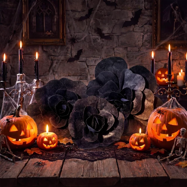 Alt view image 6 of 7 - 3 Pcs Giant Black Artificial Flowers Roses Velvet, 12, 16, 20 Inch For Halloween Wedding Gothic Decor, Anniversary Birthday Centerpieces, Bulk Dark Theme Party Home Decoration Supplies
