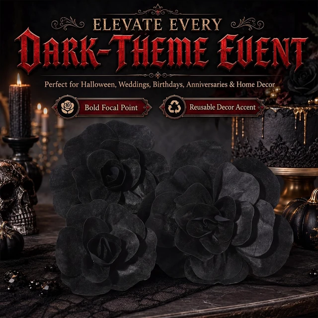 Alt view image 7 of 7 - 3 Pcs Giant Black Artificial Flowers Roses Velvet, 12, 16, 20 Inch For Halloween Wedding Gothic Decor, Anniversary Birthday Centerpieces, Bulk Dark Theme Party Home Decoration Supplies