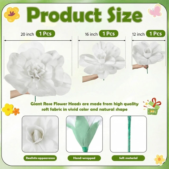 Alt view image 2 of 7 - 3 Pcs Giant Flowers, White Velvet Rose, 12-20 Inch Wedding Decor Velvet Paper Petals, Hibiscus Hawaiian Flowers Backdrop, Rose Style for Valentine Anniversary Home Decor, Reusable Florals