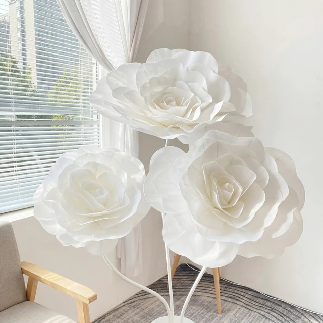 Alt view image 3 of 7 - 3 Pcs Giant Flowers, White Velvet Rose, 12-20 Inch Wedding Decor Velvet Paper Petals, Hibiscus Hawaiian Flowers Backdrop, Rose Style for Valentine Anniversary Home Decor, Reusable Florals
