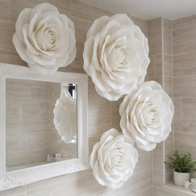 Alt view image 5 of 7 - 3 Pcs Giant Flowers, White Velvet Rose, 12-20 Inch Wedding Decor Velvet Paper Petals, Hibiscus Hawaiian Flowers Backdrop, Rose Style for Valentine Anniversary Home Decor, Reusable Florals