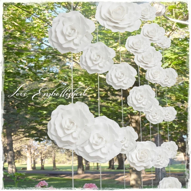Alt view image 6 of 7 - 3 Pcs Giant Flowers, White Velvet Rose, 12-20 Inch Wedding Decor Velvet Paper Petals, Hibiscus Hawaiian Flowers Backdrop, Rose Style for Valentine Anniversary Home Decor, Reusable Florals