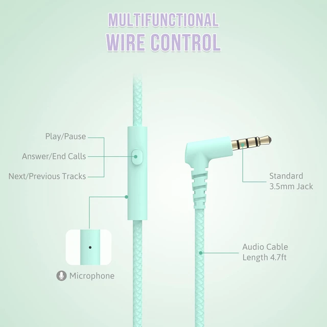 Alt view image 3 of 7 - L22 Foldable Wired Headphones for Kids Girls Boys with Microphone Stereo 3.5mm Corded Head phones for School Classroom Airplane Chromebooks Computer Laptop Phones (Teal)
