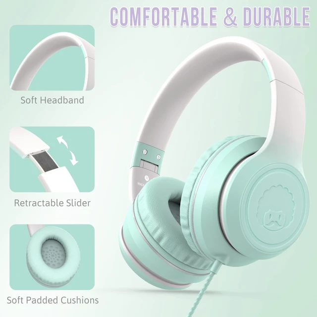Alt view image 2 of 7 - L22 Foldable Wired Headphones for Kids Girls Boys with Microphone Stereo 3.5mm Corded Head phones for School Classroom Airplane Chromebooks Computer Laptop Phones (Teal)