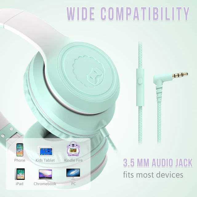 Alt view image 5 of 7 - L22 Foldable Wired Headphones for Kids Girls Boys with Microphone Stereo 3.5mm Corded Head phones for School Classroom Airplane Chromebooks Computer Laptop Phones (Teal)