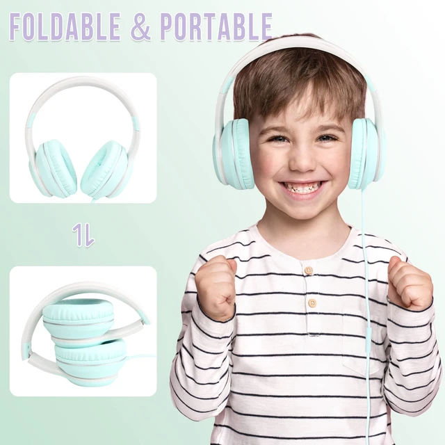 Alt view image 4 of 7 - L22 Foldable Wired Headphones for Kids Girls Boys with Microphone Stereo 3.5mm Corded Head phones for School Classroom Airplane Chromebooks Computer Laptop Phones (Teal)