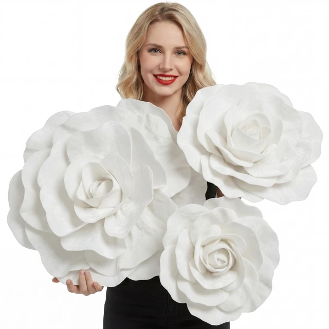 Alt view image 7 of 7 - 3 Pcs Giant Flowers, White Velvet Rose, 12-20 Inch Wedding Decor Velvet Paper Petals, Hibiscus Hawaiian Flowers Backdrop, Rose Style for Valentine Anniversary Home Decor, Reusable Florals