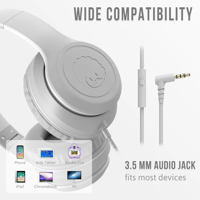 Alt view image 5 of 7 - L22 Foldable Wired Headphones for Kids Girls Boys with Microphone Stereo 3.5mm Corded Head phones for School Classroom Airplane Chromebooks Computer Laptop Phones (Grey)