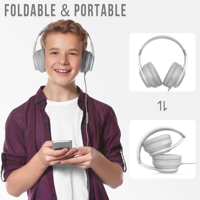 Alt view image 4 of 7 - L22 Foldable Wired Headphones for Kids Girls Boys with Microphone Stereo 3.5mm Corded Head phones for School Classroom Airplane Chromebooks Computer Laptop Phones (Grey)