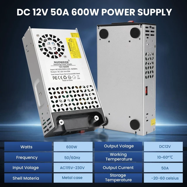 Alt view image 5 of 7 - 110V AC to 12V DC Converter 50A 600W Power Supply 12V 50A 600W Switch Power Supply AC to DC Converter for CCTV Camera System, 3D Printer, LED Strip, Computer Project