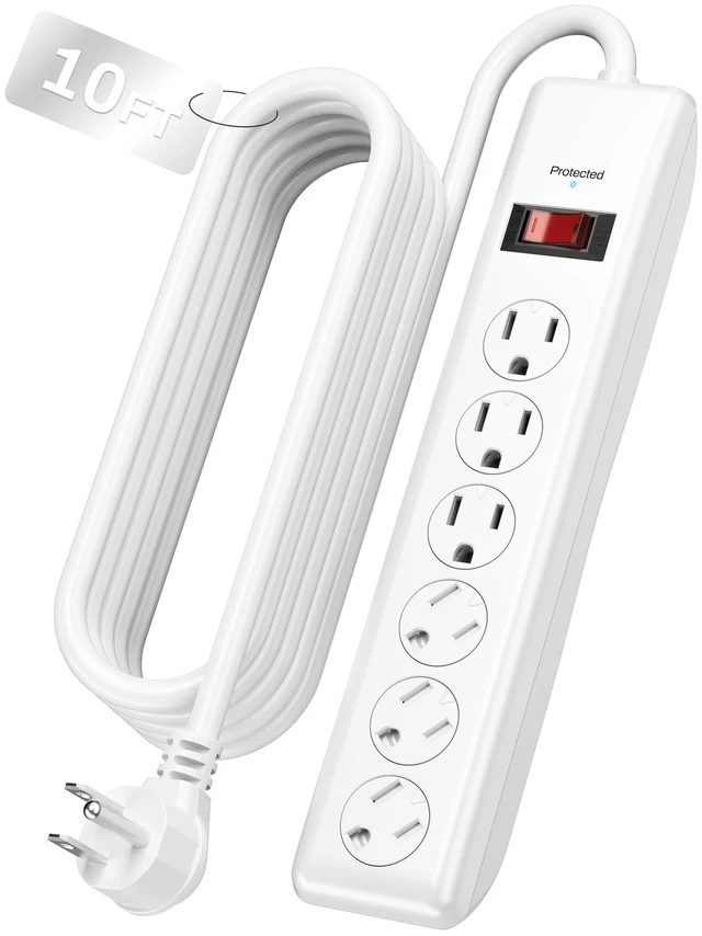 Main image of 10FT 6 Outlet Power Strip Surge Protector, 600 Joules, Twist-to-Close Safety Covers, 90 Degree Flat Plug, Overload Protection, Long Extension Cord Power Strip for Home Office, TV and Bedroom