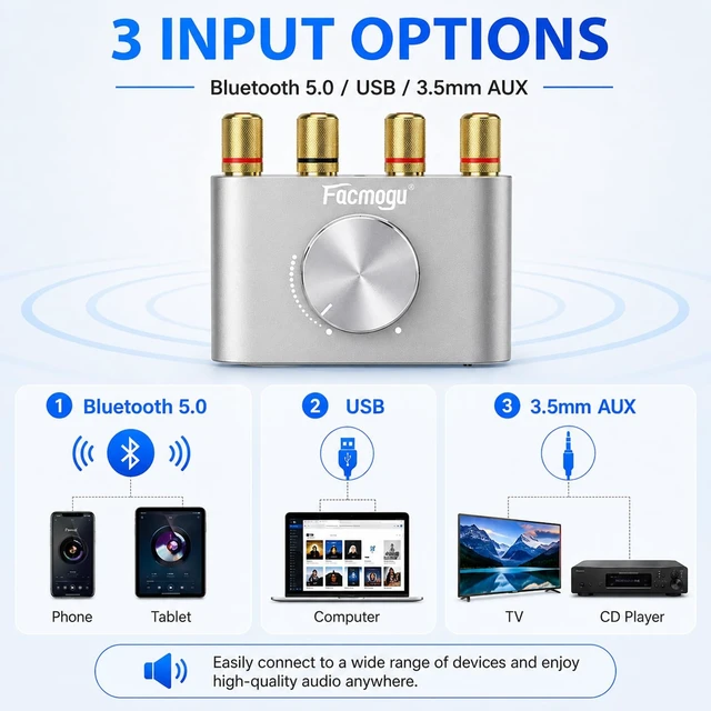 Alt view image 6 of 7 - F900S Bluetooth 5.0 Mini Power Amplifier, 50Wx2 Digital Stereo Amp 2.0CH 100W Hi-Fi Wireless Audio Receiver AUX/USB/BT Input Included 12V Power Adapter For Passive Speakers Silver