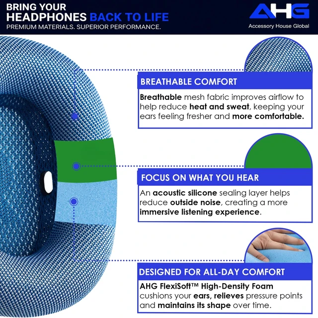 Alt view image 3 of 7 - Ear Cushions Compatible with Apple AirPods Max Headphones - Sky Blue Silicone Lined Mesh High-Density Foam Strong Magnet Ear Pads