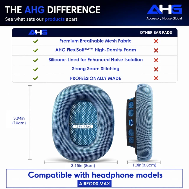Alt view image 6 of 7 - Ear Cushions Compatible with Apple AirPods Max Headphones - Sky Blue Silicone Lined Mesh High-Density Foam Strong Magnet Ear Pads