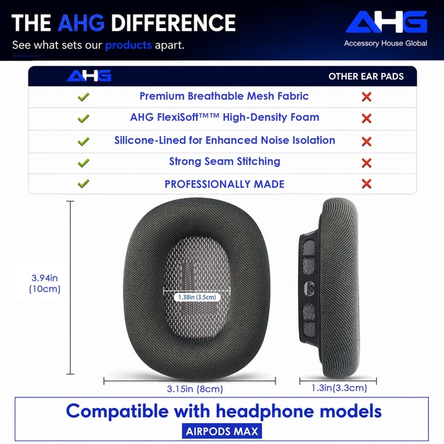 Alt view image 6 of 7 - Ear Cushions Compatible with Apple AirPods Max Headphones - Space Gray Silicone Lined Mesh High-Density Foam Strong Magnet Ear Pads