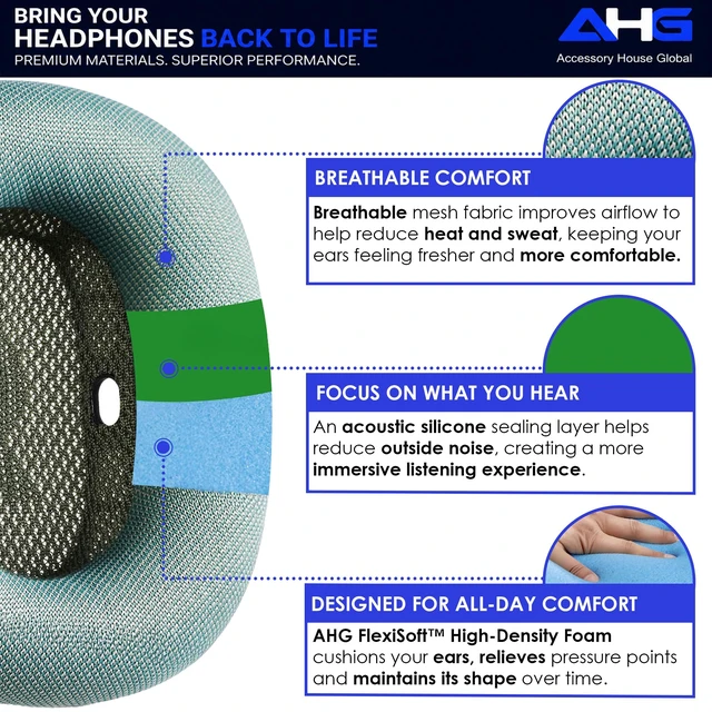 Alt view image 3 of 7 - Premium Ear Cushions Compatible with Apple AirPods Max Headphones Green Silicone Lined Mesh High-Density Foam Strong Magnet Ear Pads