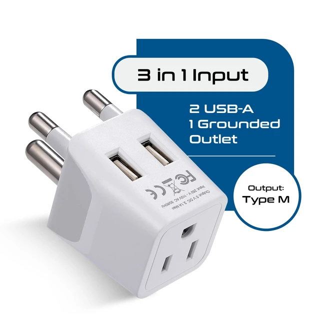 Alt view image 2 of 7 - South Africa, Botswana Travel Adapter Plug With Dual USB + USA Input - Type M - Ultra Compact - Safe Grounded Perfect for Cell Phones, Laptops, Camera Chargers and More (CTU-10L)