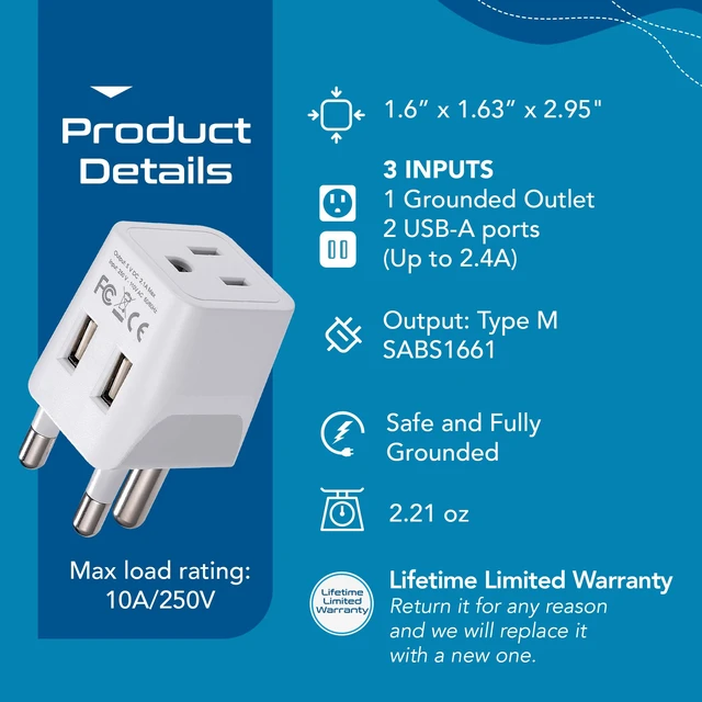 Alt view image 4 of 7 - South Africa, Botswana Travel Adapter Plug With Dual USB + USA Input - Type M - Ultra Compact - Safe Grounded Perfect for Cell Phones, Laptops, Camera Chargers and More (CTU-10L)