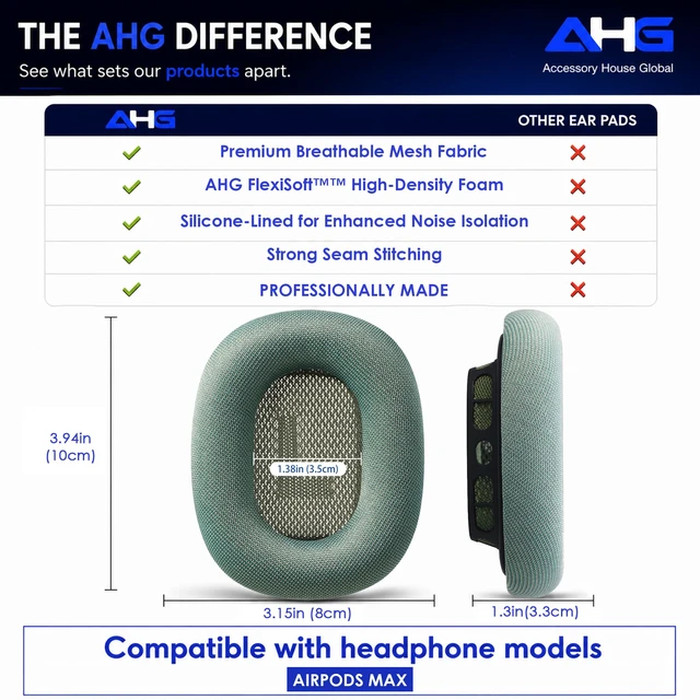 Alt view image 6 of 7 - Premium Ear Cushions Compatible with Apple AirPods Max Headphones Green Silicone Lined Mesh High-Density Foam Strong Magnet Ear Pads