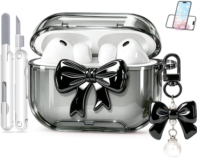 Main image of for AirPods Pro 3 Case 2025 with Safety Lock & Phone Stand, Cute Clear Pink 3D Bow Cover with Keychain & Cleaning Kit, Auto-Open TPU Protective Shell for AirPods Pro 3rd Generation Women Girls (Black)