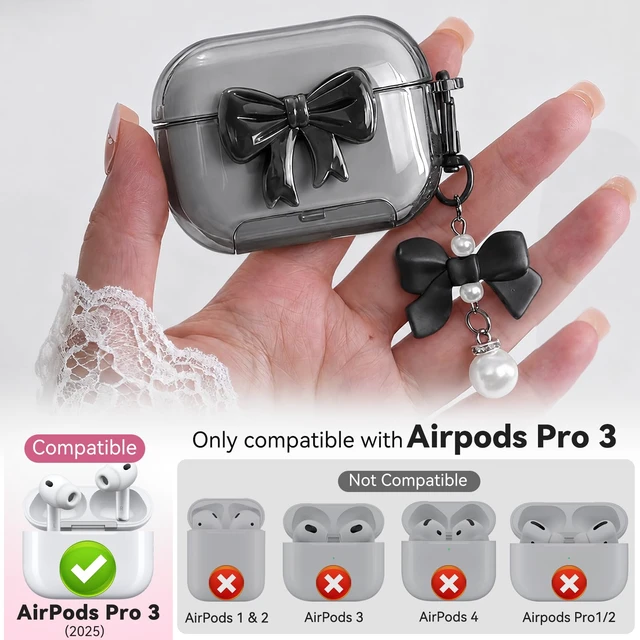 Alt view image 2 of 7 - for AirPods Pro 3 Case 2025 with Safety Lock & Phone Stand, Cute Clear Pink 3D Bow Cover with Keychain & Cleaning Kit, Auto-Open TPU Protective Shell for AirPods Pro 3rd Generation Women Girls (Black)